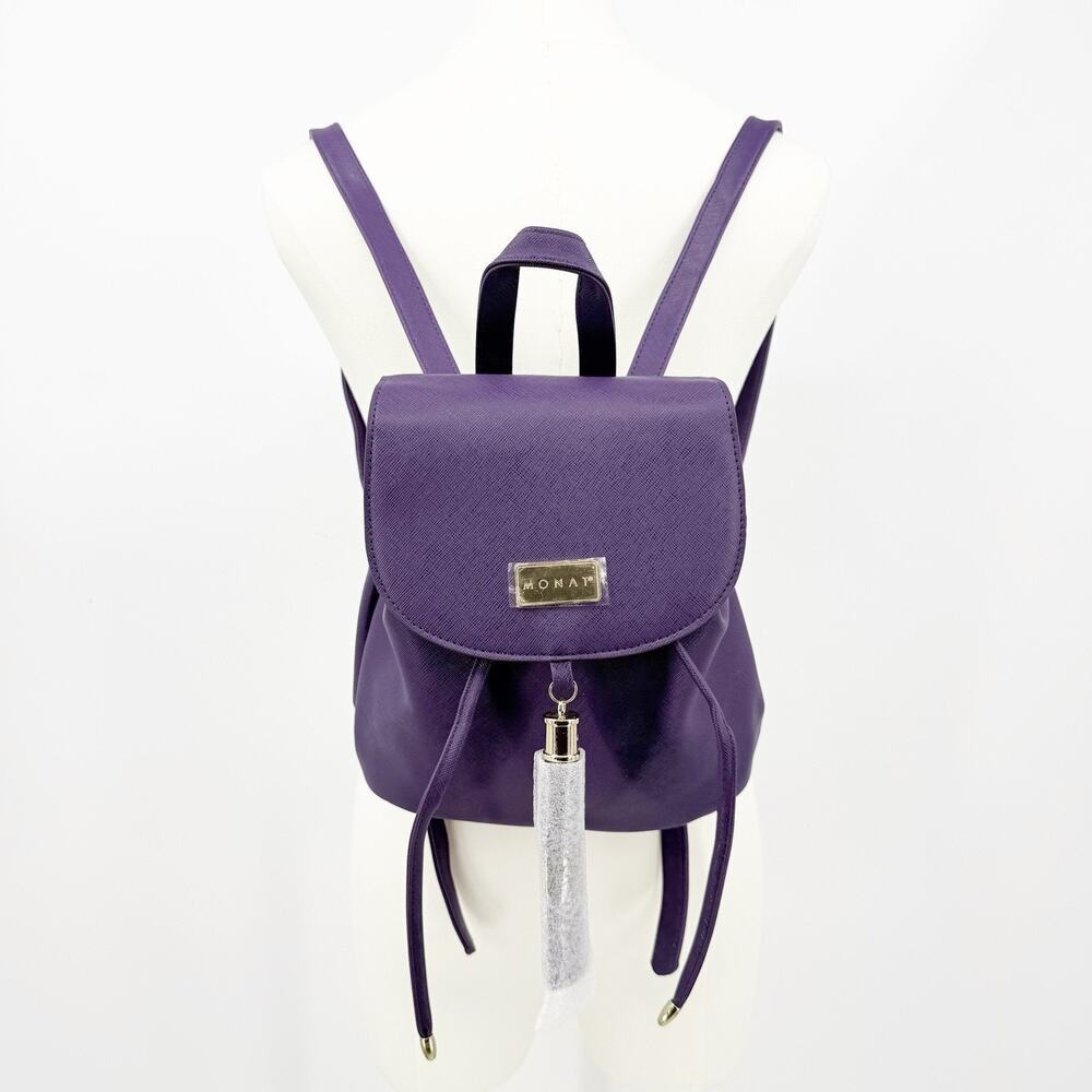 Monat Purple Mini Backpack Purse Drawstring Flap Gold Logo Tassel Minimalist